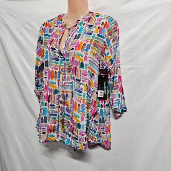 AP NY V Neck Hi-Lo Top Blouse Shirt Women Size M Colorful Cupro blend - Picture 8 of 15